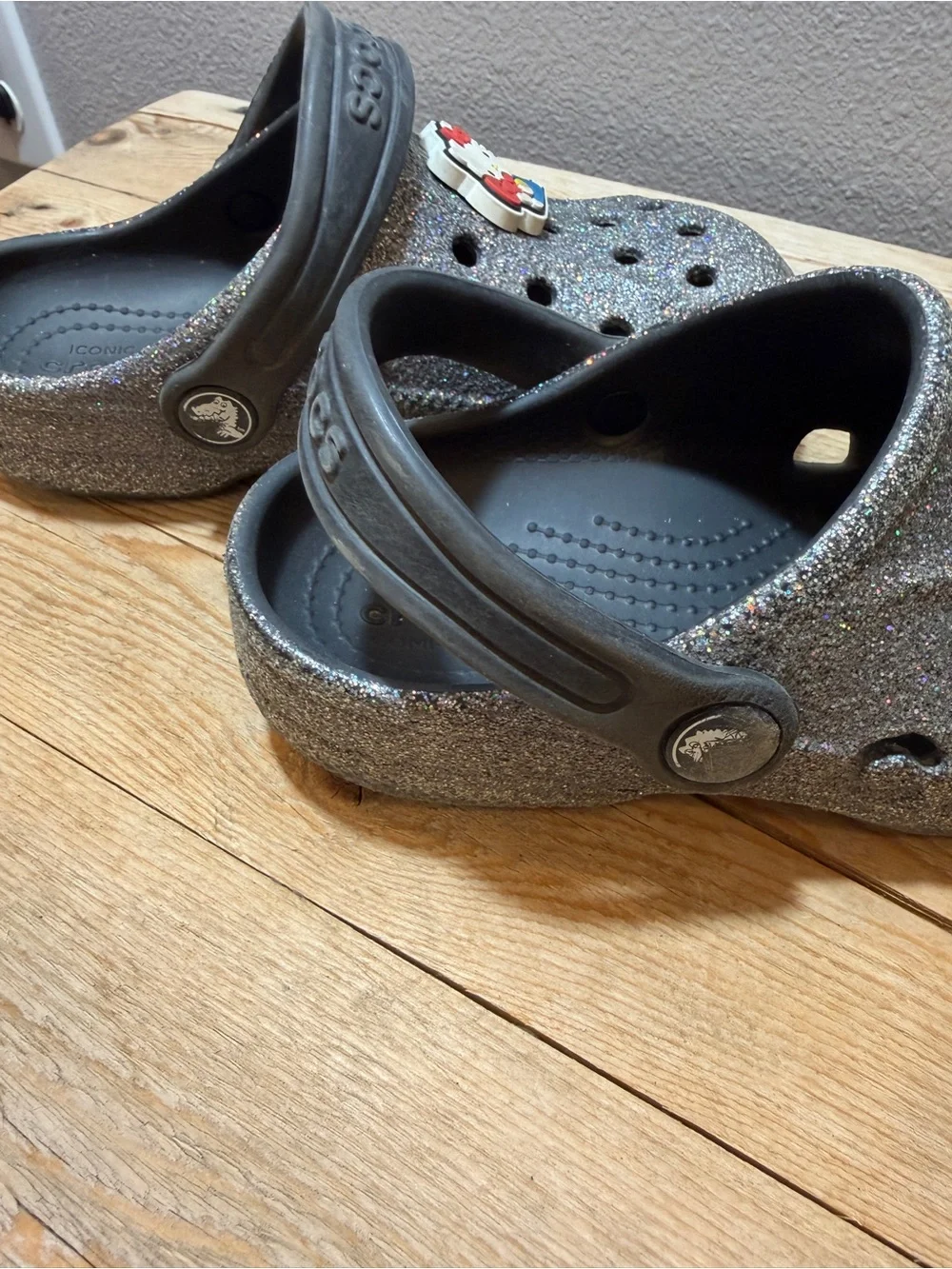 CROCS Kids Glitter Clogs in Silver and Black